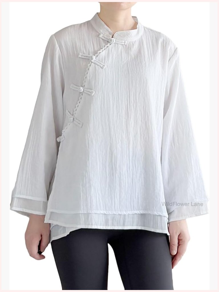 Cotton Linen 3/4 Sleeve Button Down Blouse Crew Neck